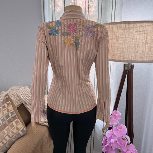 Johnny Was Striped Embroidered Floral Button Up Size M Women's Top Shirt Blouse - Picture 7 of 12
